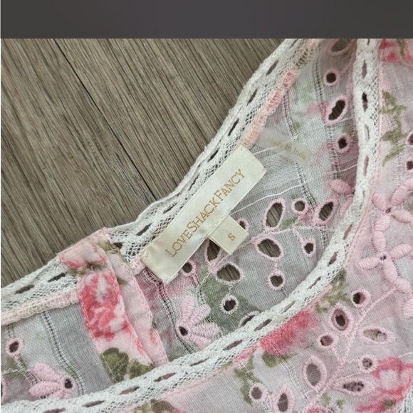 LoveShackFancy Augustine Pink Floral Cotton Eyelet Mini Dress - "Loves Me" Print - Picture 8 of 9